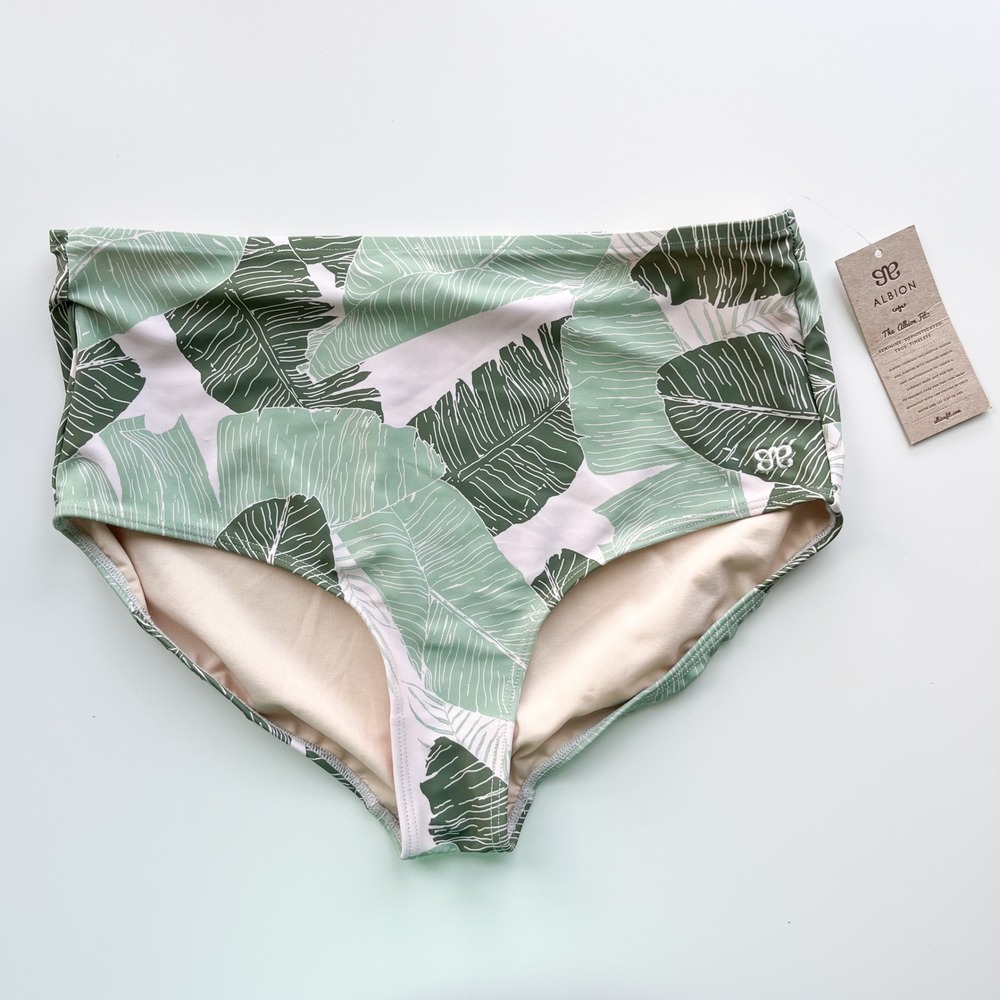 NWT Albion Green Leaf Print High-Waist Bikini Bottoms